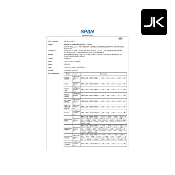 JK Stainless Steel Fittings Span