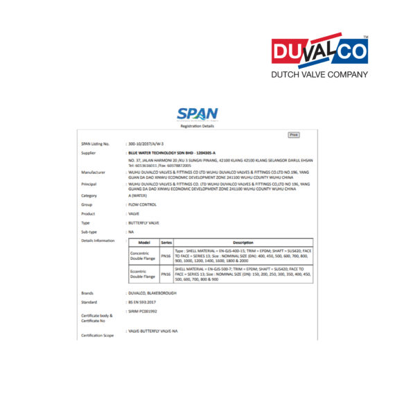 Duvalco Double Flanged Eccentric Type (ESJ) Butterfly Valve