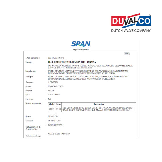 Duvalco Resilient Seated Gate Valve Cert