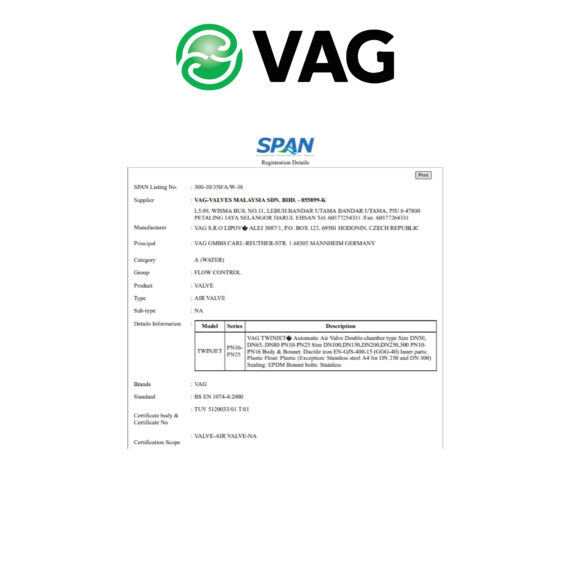 VAG Air Valve Twinjet R Double Orifice Kinetic Type Cert